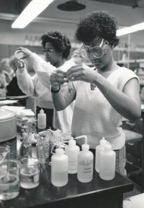 Lab students wearing safety goggles